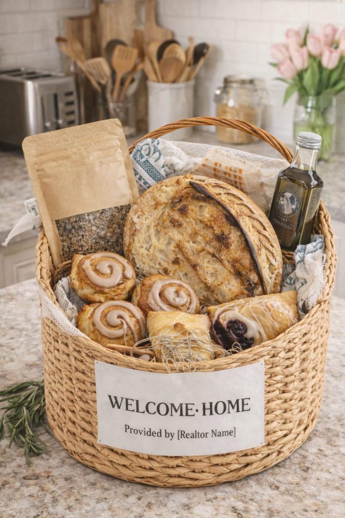 Wicker closing gift basket with artisan sourdough loaf, assorted baked treats, herb dip mix, and olive oil styled on a kitchen countertop with a “Welcome Home” label.